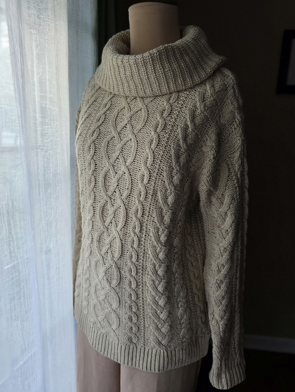 Lauren Ralph Lauren Beige Cable Knit Cowl Neck Sweater S Vintage Chunky Cotton